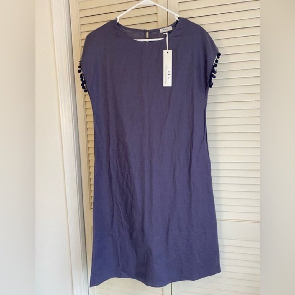 NWT - VLD Blue Linen-Cotton Pom-Pom Lightweight Summer Sheath Dress Size S